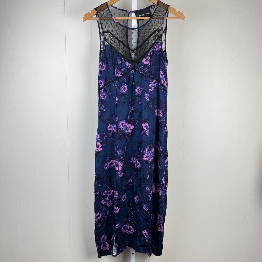 MinkPink Midi Slip Dress Lace Detail Navy Blue‎ Purple Pink Womens XS